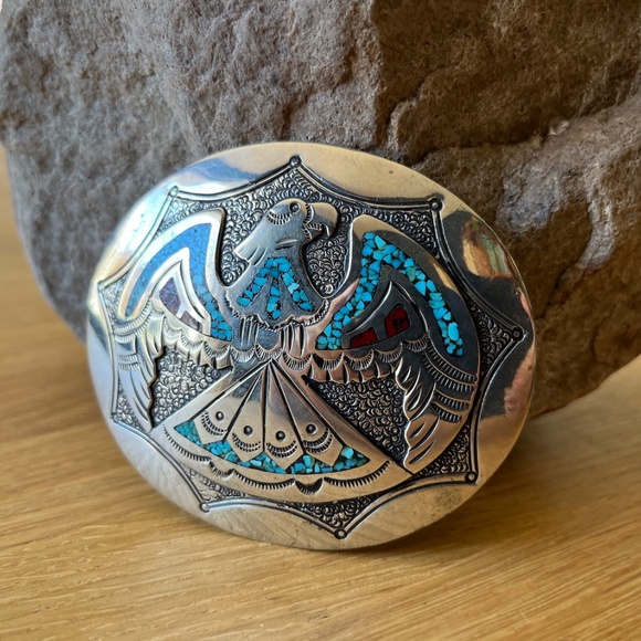 Vintage Thunderbird Belt Buckle Navajo Mosaic Turquoise Chip Jimmie J NEZZIE - Picture 8 of 11